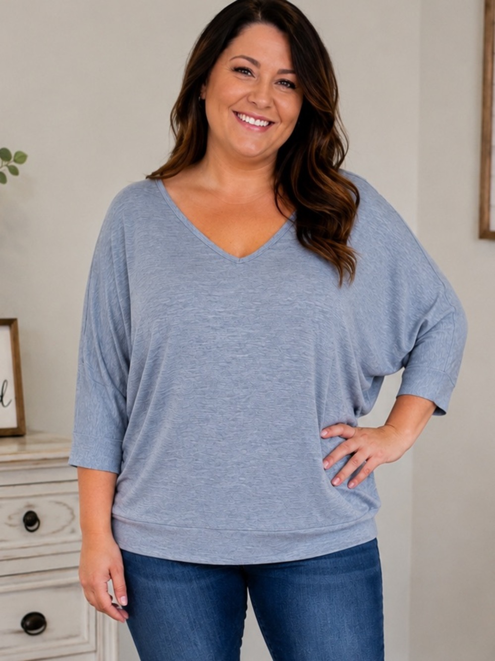 db Sunday Women’s Blue Gray Oversized V-Neck Dolman Sleeve Tunic Top Sz XL